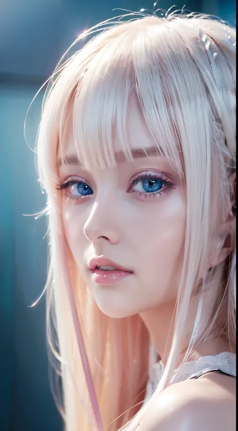 beautiful girl with super long light pink platinum blonde hair、bangs between the eyes、tabletop, highest quality, figure, very de...