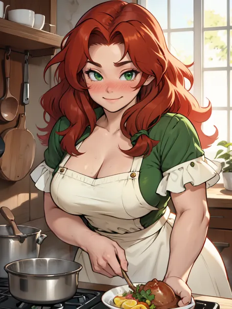 girl redhead green eyes wavy hair curly hair voluminous hair joyful kitchen large breasts thick blush 