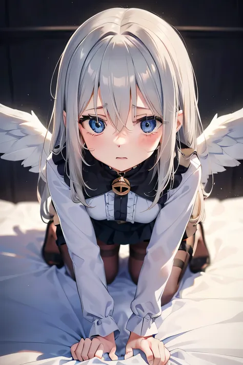 female,telegraph slang，gray hair,eblue eyes,stand on all fours,,shy,from above,medium hair,,hair between eyes,,angel,dehisce,,,f...