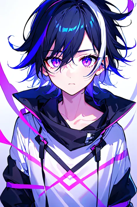 [(WHITE BACKGROUND:1.5),::5], ((((masterpiece)))), high quality, ultra very high resolution, full color, (((solo))), (((little boy))), mens black hair, ((blue color streaked hair)), ((purple eyes)), anime, ((upper body)), neon light, black parka, 