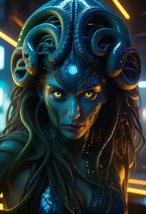 score_9, score_8_up, score_7_up, 1 female medusa alien, A scene from a horror movie, beautiful detailed eyes, A third eye on the forehead, beautiful detailed lips, extremely detailed face and eyes, long eyelashes, (long tongue like a snake:1.2), intricate ...