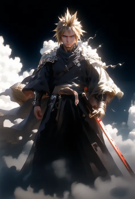 Close-up of a man with a sword in the city, cloud strife, portrait of cloud strife, from last fantasy vii, last fantasy 7, from ff7, FF 7, cloud, from last fantasy, last fantasy face, last fantasy character, last fantasy, last fantasy, last fantasy, Enix S...