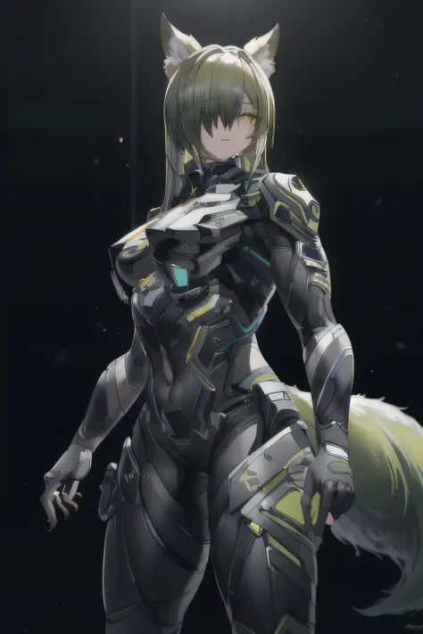 Best quality, masterpiece, ultra high res, one person, female,khaki skin, nine green fox tails, very large fox ears, green-black futuristic carapace armor,mechaarmor, imposing, emotionless, yellow eyes, yellow eyeballs, green long flowing hair,hair over ey...