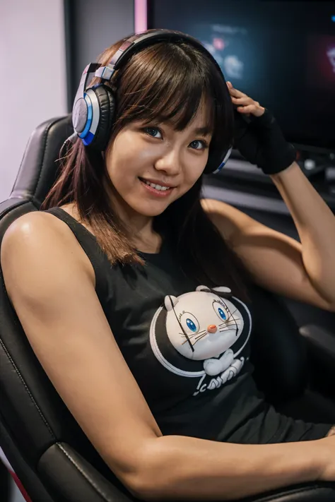 Neon pro pc gaming room, on pc desktop is Honor Of King sylized displays, (hair with bangs), ((naughty very beautiful south korean-Indonesian hybrid beautiful  girl gamers)), BREAK, smug grin, boasting, perfect flawless nose, sexy sensual kissable lips:1.2...