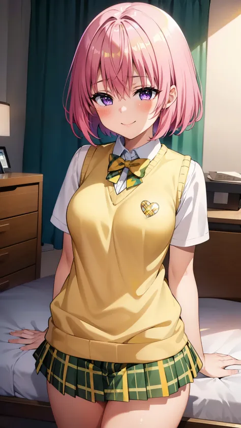 8k,Highest,quality,(highest quality:1.1), (masterpiece:1.4), (Confused:1.0), 
1 girl, momo velia deviluke, hair ornaments, Bobcut, Short Hair Pink Hair, Purple eyes, Medium chest, green skirt, Plaid, Plaid skirt, Sainan High School uniform, skirt, Sweater ...