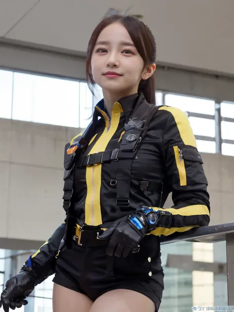 (Very realistic), (Highest quality), ((round, small and precise face)), Glowing Skin, Shiny skin,Wide Hips,Waist,Healthy body,Yokozaki beauty々,black gloves,watch,Iris,short Shorts,black Shorts, Short boots, gloves,Jacket,Shorts, Black Hair,Short Hair,Big B...