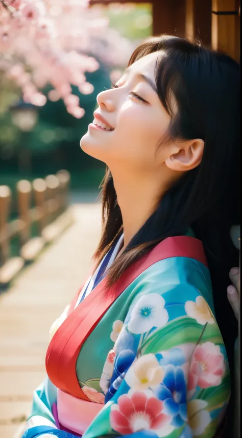 With open arms, Cute crying face, Laughs and Tears, 最high quality、high quality、Best image quality、8k、最High resolution、High resolution、temple, Realistic photos, Healthy body, Beautiful Eyes, Flowing black hair, Colorful kimono, Calm expression, Soft lightin...