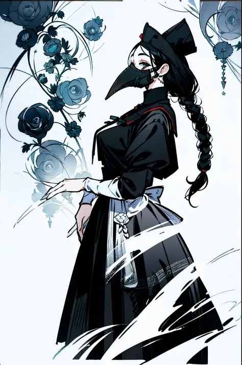 plague_mask, maid outfit, braided hair, black hair, black skirt