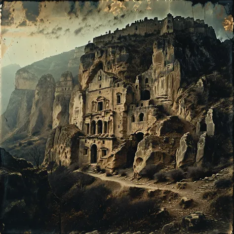 scary horror scene, 35mm vintage, dark grainy old photo, gigantic monolithic mediterranean stone castle carved into a giant rock...