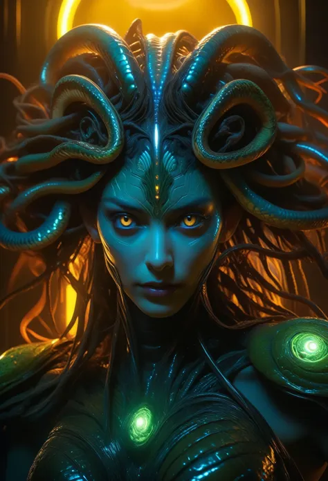 score_9, score_8_up, score_7_up, 1 female medusa alien, a scene from a horror movie, beautiful detailed eyes, a third eye on the...