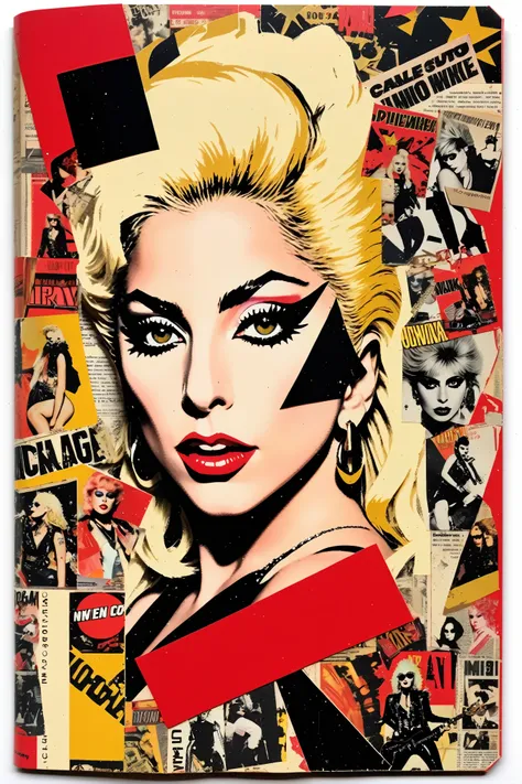 lady gaga punk collage 1980's rockstar comic book collage on a journal page black gold red colors scrap book