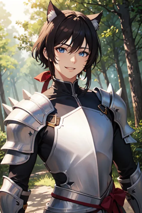 ((best quality)), ((masterpiece)), (detailed), male anime, dark brown hair, spikey hair, blue eyes, cat ears, knight armor, red ribbon, sunny background, forest background, raining background, happy smiling facial expression 