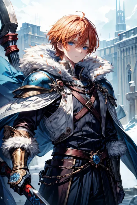 (masterpiece, best quality, perfect face, expressive eyes), 1boy, (adult), (anime). intricate details,medium  orange hair, blue eyes, white fur trim, iron armor, blue cloak, iron crown, axe