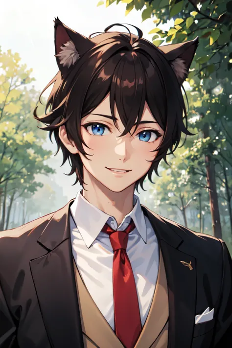 ((best quality)), ((masterpiece)), (detailed), male anime, dark brown hair, spikey hair, blue eyes, cat ears, elegant royal suit, red ribbon, sunny background, forest background, raining background, happy smiling facial expression 