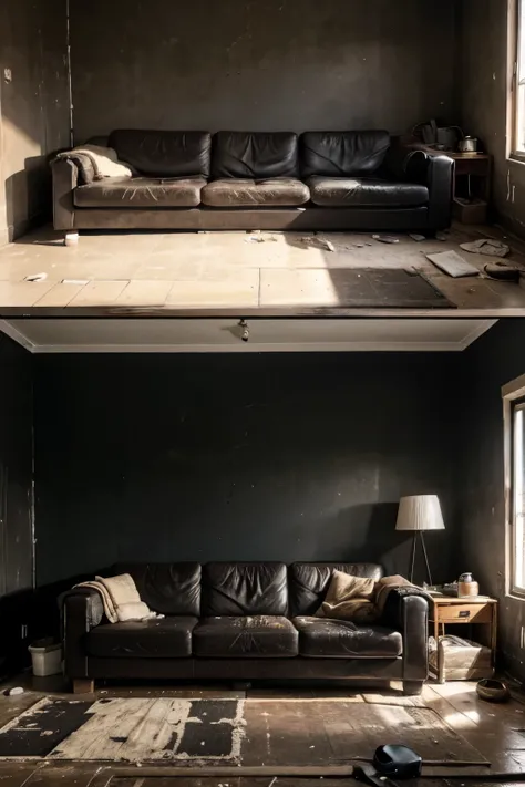 Image of a poor and dirty house with a sofa and black walls