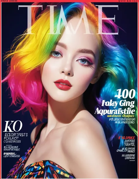 Magazine cover, esthetic, , (A girl with) vibrant colorful hair, Eye-catching pose, Star made up around right eye. Rockstar, stylish clothes, confident smile, Dynamic background, (Haute Couture),(realisti),(studio lighting), (best quality,4K,highres), (por...