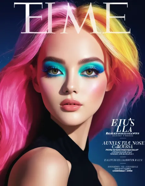 magazine cover, esthetic, , (a girl with) vibrant colorful hair, eye-catching pose, star made up around right eye. rockstar, sty...