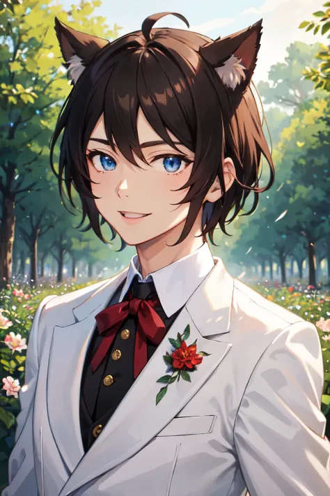 ((best quality)), ((masterpiece)), (detailed), male anime, dark brown hair, short hair, spikey hair, blue eyes, cat ears, white elegant royal suit, red ribbon, sunny background, forest background, raining background, happy smiling facial expression, small ...