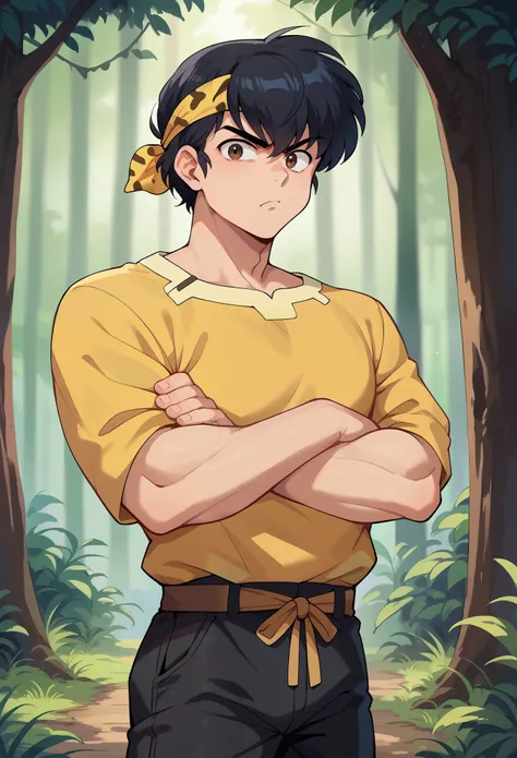 score_9, score_8_up, score_7_up, 1boy, solo, Ryouga Hibiki,black hair, bangs, brown eyes, yellow bandana, yellow shirt, black pants, crossed arms, inexpressive face, standing, looking at you, chinese forest