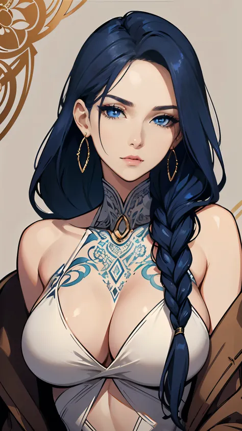 **Create a portrait of a 21-year-old woman with striking features. Her vibrant royal blue hair is styled in a thick, long braid, glossy and striking. Her elongated, oblong face is defined by high, sculpted cheekbones and a softly rounded chin. Her intense,...