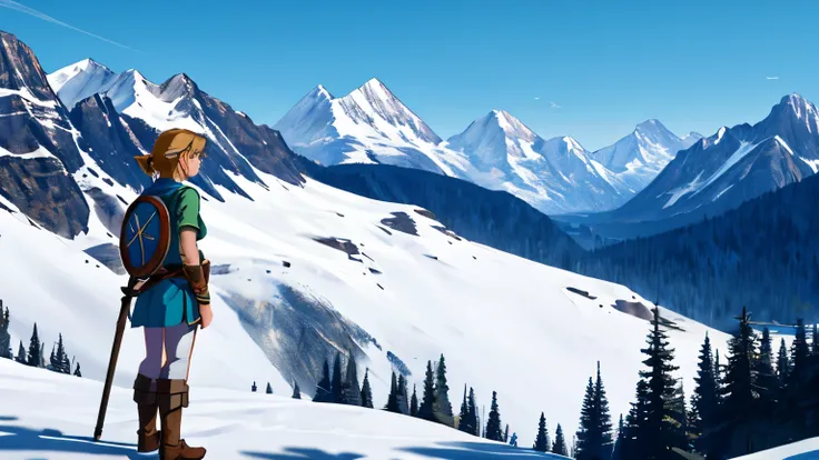 Link stands looking into the distance at the mountains