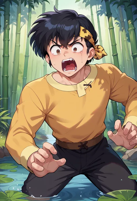 score_9, score_8_up, score_7_up, 1boy, solo, Ryouga Hibiki,black hair, bangs, brown eyes, yellow bandana, yellow shirt, long sleeves, black pants, falling into a pond, scared, screaming, looking down, chinese forest, bamboo