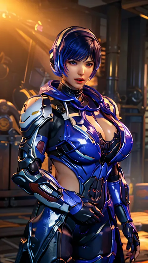 vonnyfelicia, CLOSE UP UPPER BODY,solo, COWBOY SHOT PORTRAIT, perfect fingers:1.5, ((HEADSET GAMING HEADPHONE, MULTIPLE COLOR SHORT HAIR:1.4)), (GIGANTIC ROUND BREASTS, K-CUP SIZE BREASTS, SQUEEZE CLEAVAGE TOP, 11 LINE ABS:1.5), (TIGHT BLUE FUTURISTIC HUMA...