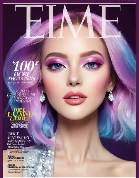 magazine cover, esthetic, , (a girl with) vibrant colorful hair, eye-catching pose, stylish clothes, confident smile, dynamic ba...