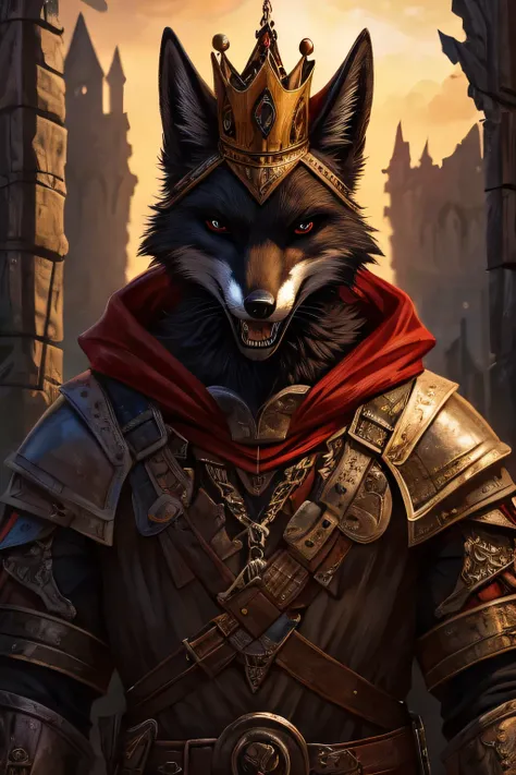 Gothic 2 style, Medieval fantasy, Furry character, Dark and gritty, Detailed, Ruins in the background, sharp teeth, furry, anthropomophic fox, black fox, red and white fur, fox with crown, portrait