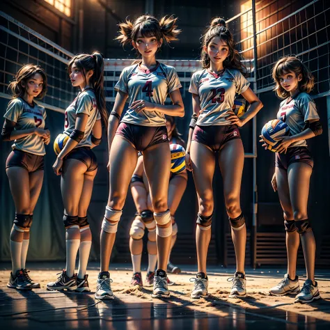 ExtremelyDetailed (((Volleyball Team Girls in a row:1.4))), Childish perfect face, Reflective Eyes, Detailed(Delicate Clothing textures), Corrected Leg to Foot Line, Corrected Perfect Hand, Dynamic Joyful Expressions LifeLike Rendering, ((Specular Reflecti...