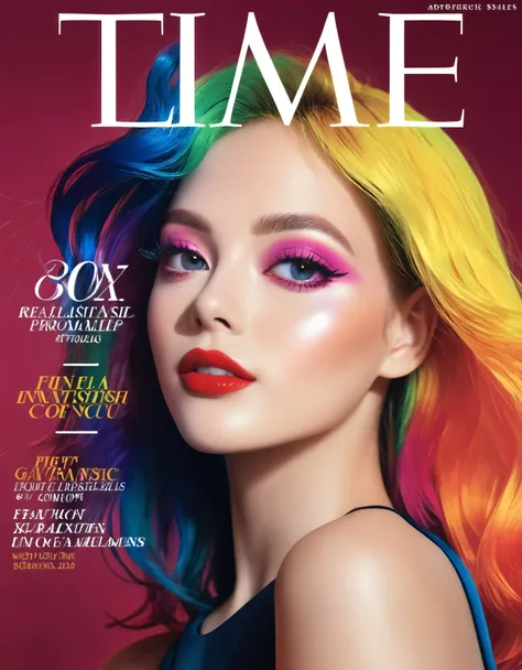 magazine cover, esthetic, , (a girl with) vibrant colorful hair, eye-catching pose, rockstar outfit edle, confident smile, dynam...