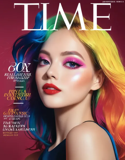 magazine cover, esthetic, , (a girl with) vibrant colorful hair, eye-catching pose, rockstar outfit edle, confident smile, dynam...