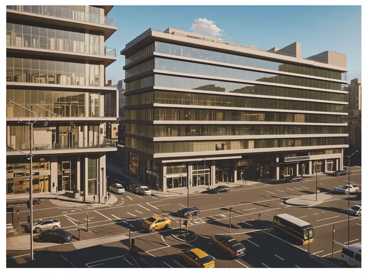 there are many cars and buses on the street in the city, sharp hq rendering, a digital rendering, rendered in corona, a photorealistic rendering, detailed rendering, artistic render, wide angle exterior 2022, a hyper realistic, exterior shot, postprocessed...