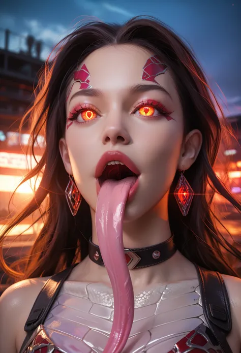 score_9, score_8_up, score_7_up, 1 female medusa alien, A scene from a horror movie, beautiful detailed eyes, A third eye on the forehead, beautiful detailed lips, extremely detailed face and eyes, long eyelashes, (long tongue like a snake:1.2), intricate ...