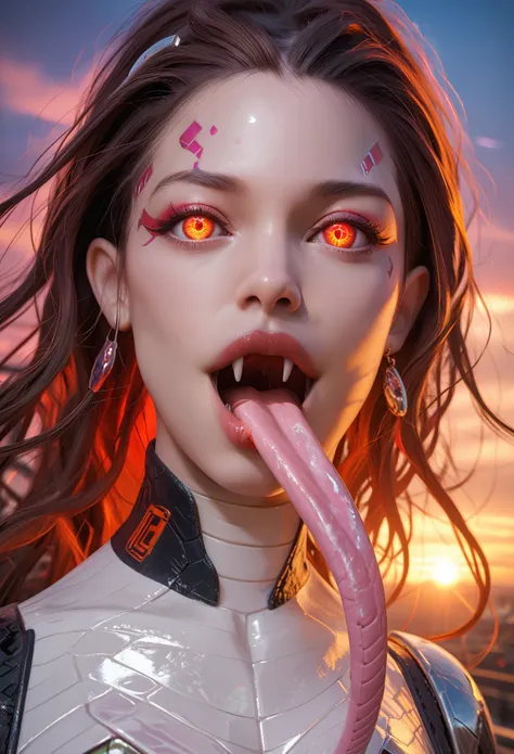 score_9, score_8_up, score_7_up, 1 female medusa alien, A scene from a horror movie, beautiful detailed eyes, A third eye on the forehead, beautiful detailed lips, extremely detailed face and eyes, long eyelashes, (long tongue like a snake:1.2), intricate ...
