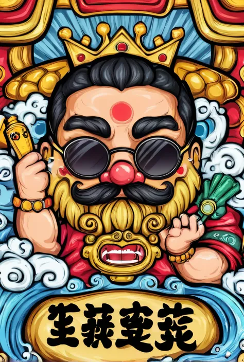 Vector art design inspired by [Young Giant, Big Golden Fangs, Pierced Ears, Full Body Tattoo, Black Beard] 1 character, seductive face, wearing sunglasses, mask should be in the center, with a kings crown and prominent facial features, smoking a cigarette,...