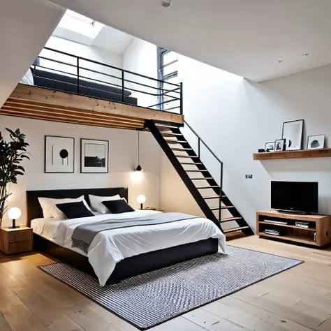 Concevez une chambre loft moderne et élégante avec une esthétique minimaliste. La chambre comprend un coin nuit inférieur avec un lit et un coin salon avec deux fauteuils papillon en cuir et une petite table basse.. Un escalier mène à une mezzanine supérie...