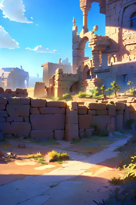 in anime style, a ruined castle in a desert, a bright sunny day, blue sky, detailed architecture, overgrown vegetation, crumblin...