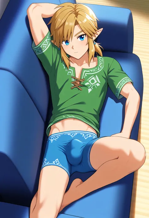 (Masterpiece), (Best Quality), ((Highly Detailed)), Link from botw, medium hair, blond hair, blue eyes, blue earrings, full body, male, boy, at home, lying on a sofa, horny, bulge in the crotch, 4k, 8k, anime style