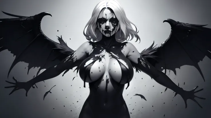 bs, solo, simple background, monochrome, upper body, greyscale, bodysuit, black background, 1other, monster, arms at sides, horror (theme) there is a large-breasted woman in the picture with her arms torn off and her face bleeding, ravens flying in the bac...