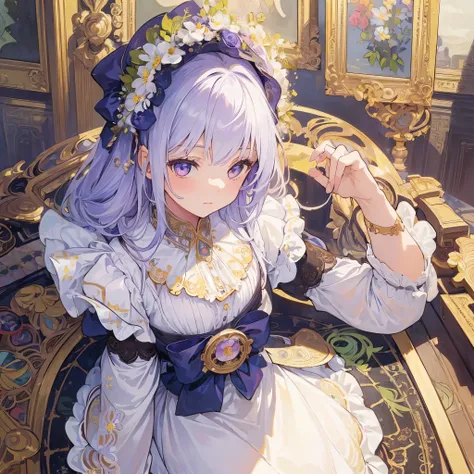 (((1 girl))), masterpiece, Highest quality, beautifully、beautiful: 1.2, gem, Quality lace, Detailed round frame, Recall, Flowers, white, Rainbow Hair, A beautiful girl fits into the frame、(Alphonse Mucha Style)