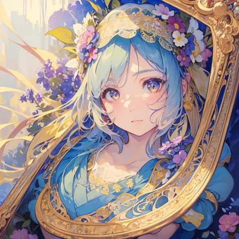 (((1 girl))), masterpiece, Highest quality, beautifully、beautiful: 1.2, gem, Quality lace, Detailed round frame, Recall, Flowers, white, Rainbow Hair, A beautiful girl fits into the frame、(Alphonse Mucha Style)