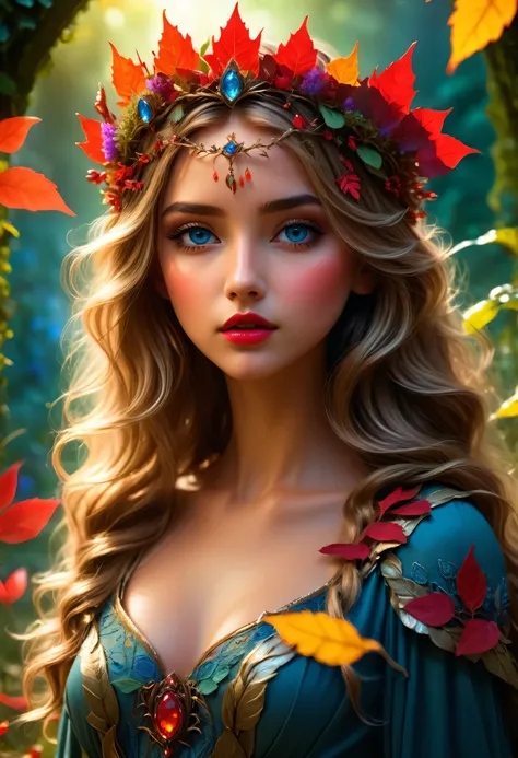a beautiful 20 year old girl, messy dark blonde hair, fantasy landscape, portal to a magical garden, mystical atmosphere, beautiful detailed eyes, beautiful detailed lips, extremely detailed face, long eyelashes, red leaf crown, dress made of leaves and wi...