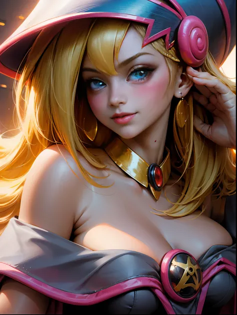 Half body shot. Beautiful face of Dark Magician girls. blue eyes. long and thick eyelashes.glass eyes, pink lips.  blush on the cheeks. earrings. gold chain. Long blonde hair. flirtatious smile. Flirty eyes. pose sensual. big breasts.