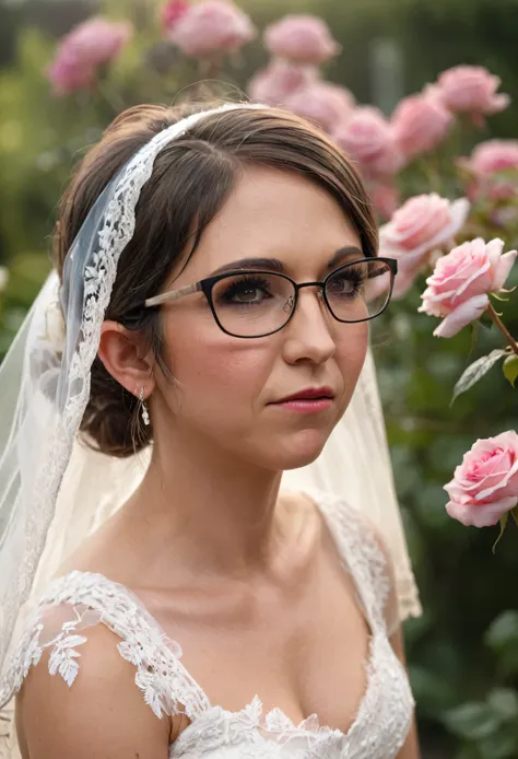 realistic, lauren boebert, (bust shot with midriff), glasses, 35 year old woman, wrinkles under eyes, lace wedding dress, weddin...