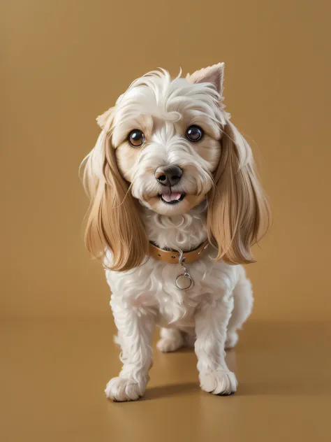 a very cute furry dog, hair drawn like cartoons, Perfectly drawn Eyes, eyes like a cartoon, gorgeous eyes, perfects eyes, She is very happy, She is smiling, the image is very detailed