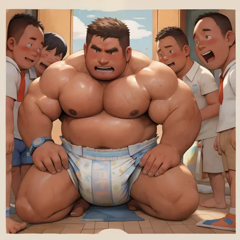 masterpiece, Top quality, in 32K, perfect anatomy, hyper detailed, super fine illustration, The thick man is a brutal retarded prisoner, hairy human, 50yo in Japan, (fatness: 1.0), Fatty muscle, Bowleg, disappointment, incontinent, shy, sissy, Weaker than ...