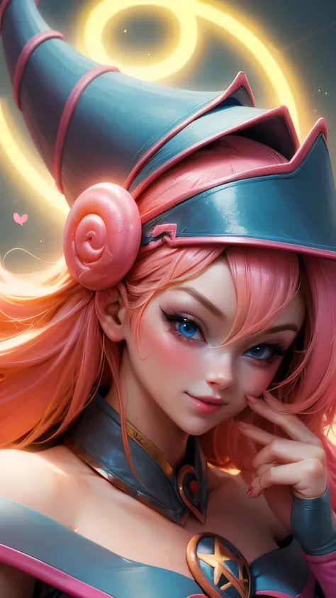 Beautiful face of dark wizard gils. long eyelashes, blue eyes. pink lips. long blonde hair. Yellow hair. exposed shoulders, angelic smile, beautiful well detailed face of dark wizard gils. blowing a kiss. and winking. She is flirtatious with the viewer.