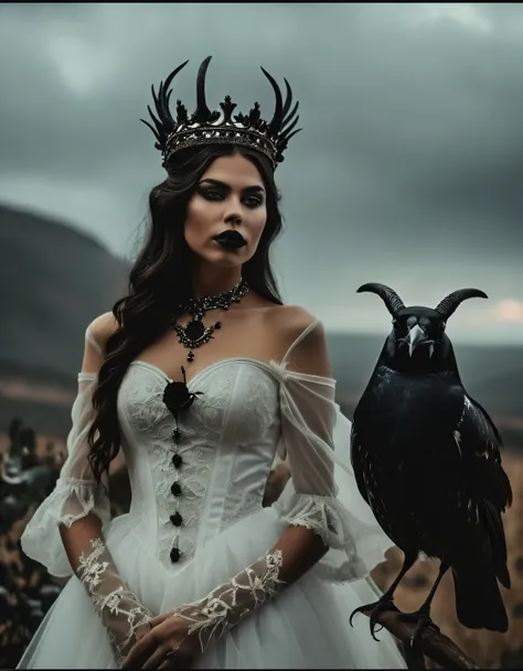 a woman in a white dress and a black bird, white horns queen demon, gothic horror vibes, spiritual eerie creepy picture, soft devil queen madison beer, demonic photograph, darkwave goth aesthetic, cursed image, in a crown, cursed photography, she is the qu...