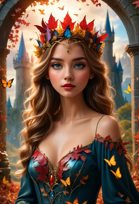 A dynamic knees-up pose of a beautiful 20-year-old woman with messy dark blonde hair, set in a mystical fantasy landscape. She is in front of a portal that leads to a magical castle, surrounded by an enchanting atmosphere. The woman has striking, detailed ...